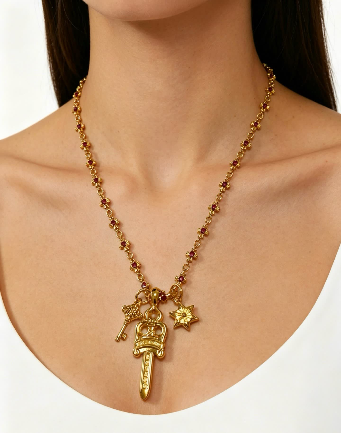 Chrome Hearts Royal Gold and Ruby Necklace with Sword Pendant